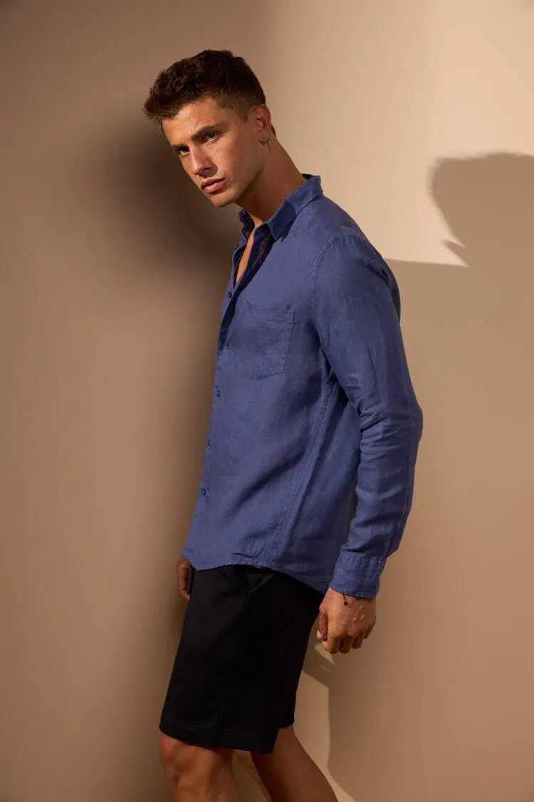 CAMISA GIBSON 100% LINHO COM BOLSO - AZUL ROYAL