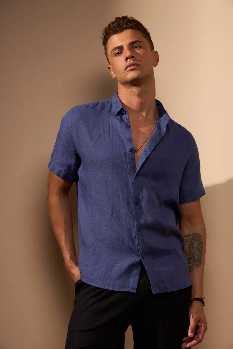 CAMISA GIBSON 100% LINHO COM BOLSO - AZUL ROYAL