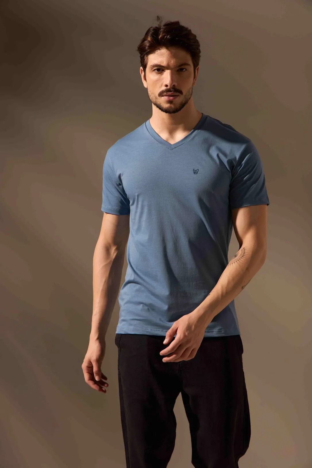 CAMISETA ESSENCIAL ALGODÃO EGÍPCIO GOLA V - AZUL